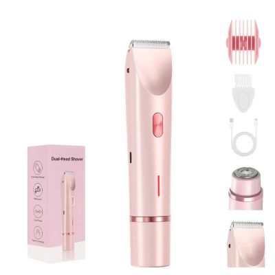 2in1 Electric Body Hair Trimmer, Rechargeable DualHead Bikini Shaver for Women & Men, Hair Removal Clipper for Face, Underarm, Leg, Pubic Area, IPX7 Waterproof Wet & Dry Use (Pink)