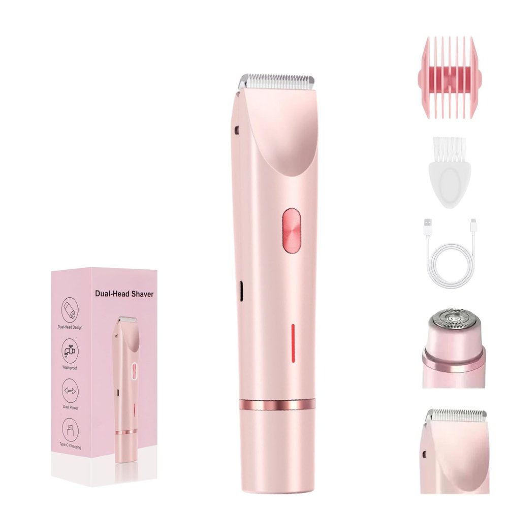 2in1 Electric Body Hair Trimmer, Rechargeable DualHead Bikini Shaver for Women & Men, Hair Removal Clipper for Face, Underarm, Leg, Pubic Area, IPX7 Waterproof Wet & Dry Use (Pink)