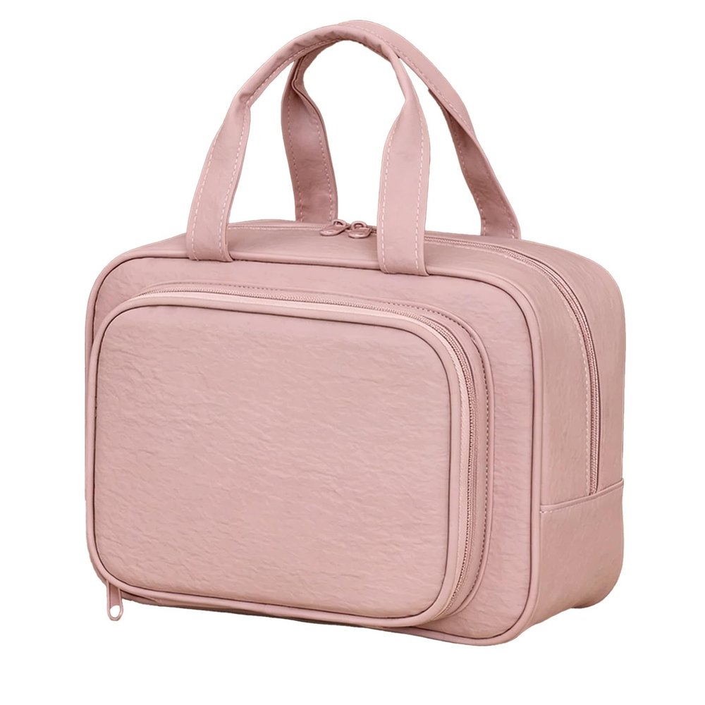 jwfxiaodige Light Luxury Style Travel Makeup Bag Organizer, Large Capacity Cosmetic Bag, 180Open-Flat, 3-sec Touch-up, Multi-Compartment Organization, Portable for Travel(Pink)