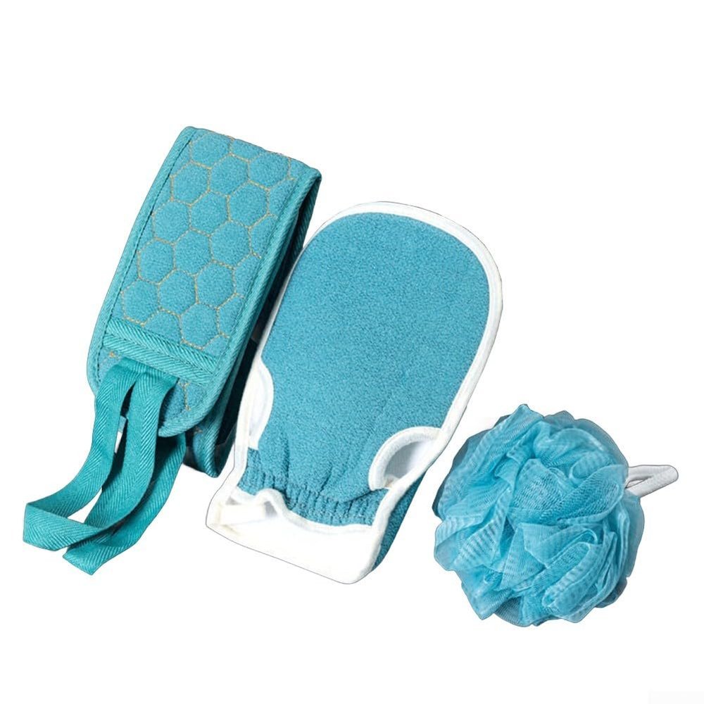 Body Scrubber Set, Exfoliating Bath Gloves and Shower Brush, Backs Massager for Deep Cleaning and Relaxation, 3-Piece Kit(Blue)