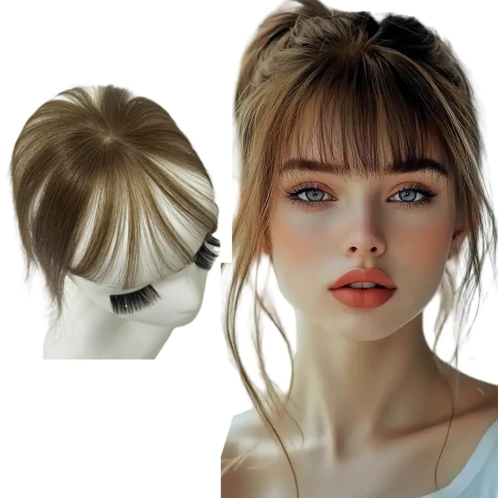 Anemone 3 * 4cm Silk Base Fringe Human Hair Topper For Women Thin 8g Middle Part Clip In Toupee With 3D Air Bang Hair 10inch Straight Hair Bangs Wiglets Hairpieces Light (Light Brown)