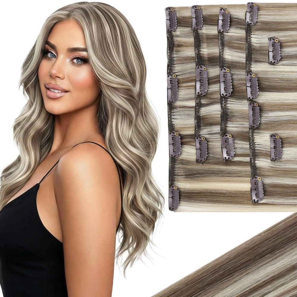 Ve Sunny Real Human Hair Clip in Extensions Brown and White Blonde 18 Inch