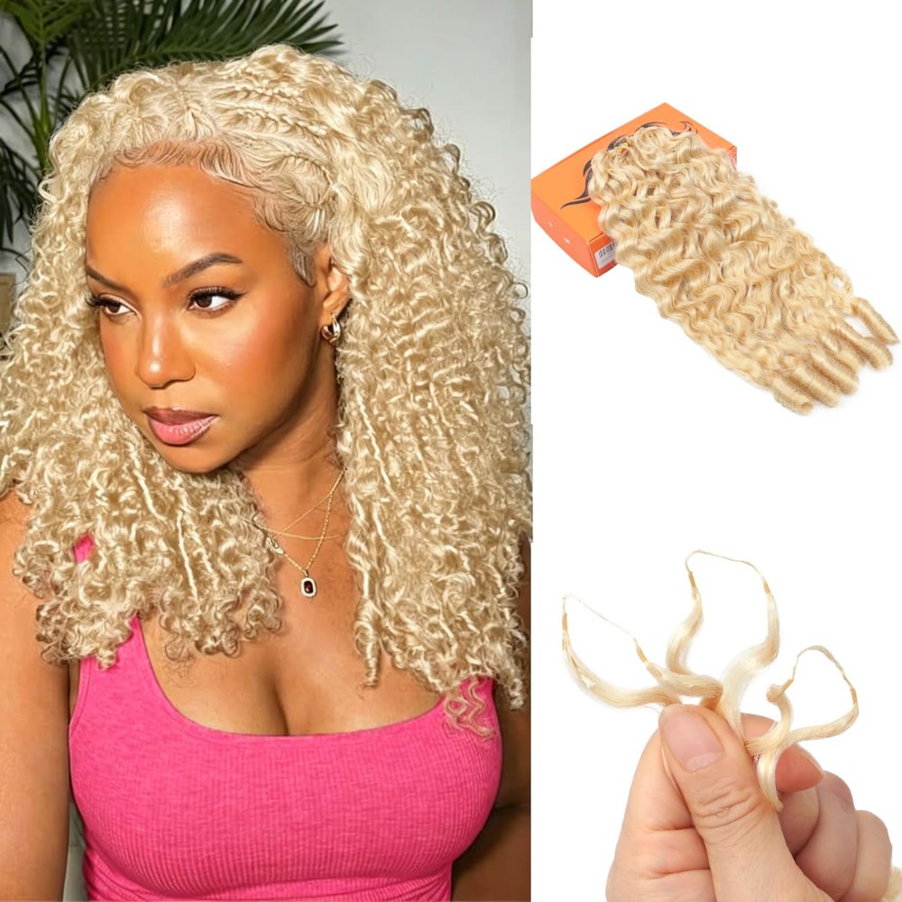 613 Blonde Human Crochet Hair 14 Inch 50 Strands Blonde Burmese Curly Feather Crochet Human Hair BundlesPre-Separated Invisible 613 Miracle Knots Dyeable Reusable Crochet Hair for Black Women