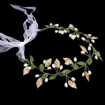 Quvvarly Green Leaf Boho Headband, Renaissance Vintage Accessories, Gold Leaf Floral Crown Headpiece, Wedding Bridal Hair Piece, Flower Girl Pearl Headband, Fairy Hair Accessories for Women