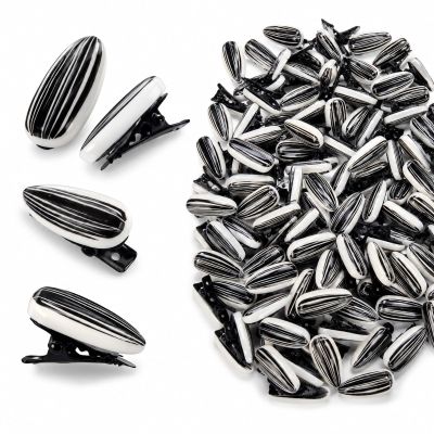 LOGOFUN 100PCS Funny Simulation Melon Seed Hair Clips Black White Striped Duckbill Barrettes Novelty Food Theme Pins for Novelty Party Favors