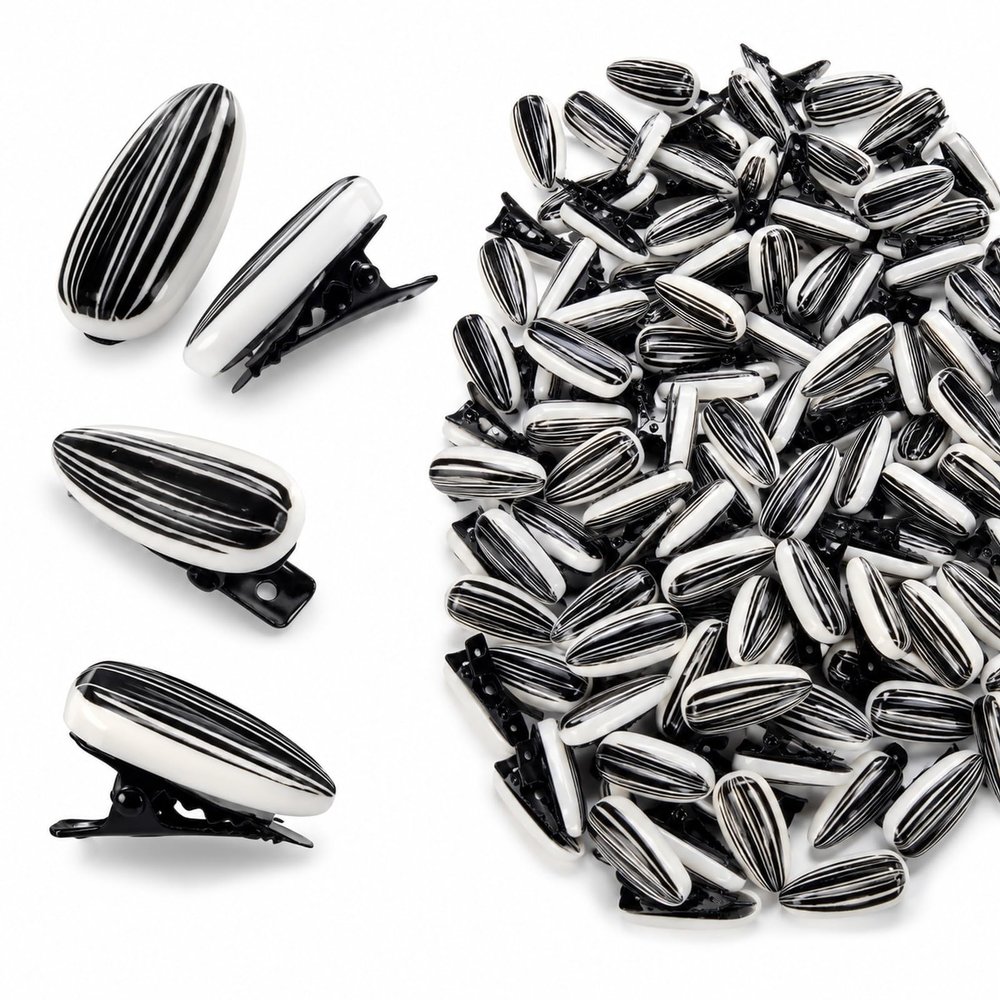 LOGOFUN 100PCS Funny Simulation Melon Seed Hair Clips Black White Striped Duckbill Barrettes Novelty Food Theme Pins for Novelty Party Favors