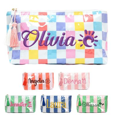 Personalized Embroidered Makeup Storage Bag, Custom Waterproof Striped Cosmetic Pouch with Tassel, Large Capacity PVC Toiletry Bag for Beach Pool Travel, Unique Gift for Women Bridesmaid Birthday