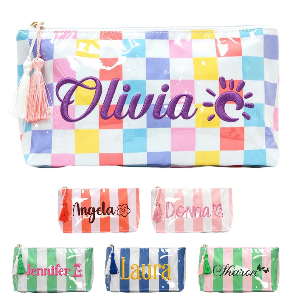 Personalized Embroidered Makeup Storage Bag, Custom Waterproof Striped Cosmetic Pouch with Tassel, Large Capacity PVC Toiletry Bag for Beach Pool Travel, Unique Gift for Women Bridesmaid Birthday