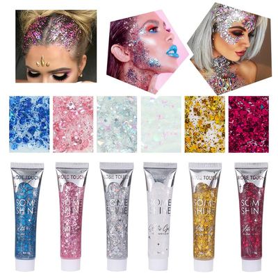 Body Glitter Gel, Holographic Chunky Face Paint Glitter, Sparkling Mermaid Sequins Cosplay Makeup, Self-Adhesive Festival Rave Accessories for Hair Eye Lip Nails, Halloween Party Value Pack - 6PCS