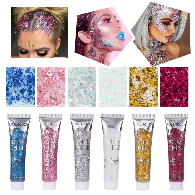 Body Glitter Gel, Holographic Chunky Face Paint Glitter, Sparkling Mermaid Sequins Cosplay Makeup, Self-Adhesive Festival Rave Accessories for Hair Eye Lip Nails, Halloween Party Value Pack - 6PCS
