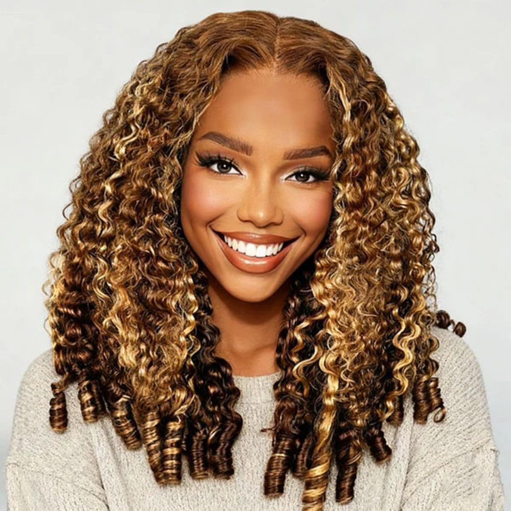 ISEE 9X6 Lace Highlight Ombre Burmese Curly Glueless Wig Human Hair 26 Inch