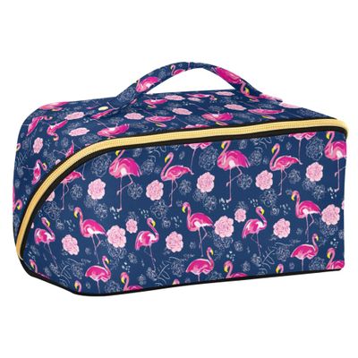 MNSRUU Travel Makeup Bag for Women Girls Moms, Flowers Flamingo Large Capacity Cosmetic Bag Organizer Waterproof Rhombus Toiletry Bag with Compartments and Handle