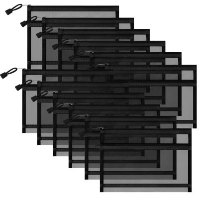 Sinzip 12 Pieces Zipper Nylon Mesh Pouch, Mesh Cosmetic Bags Makeup Bags Pencil Case, Multipurpose Travel Bags for Cosmetic School Office Supplies and Travel Accessories (2 Layers-Black, A5)