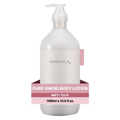 NINEMILA Pure Hinoki Body Lotion 1000ml (33.8 fl oz) Pump, Shea Butter & Glycerin, Jeju Hinoki Water 50,000ppm, Vegan, Daily Moisturizing Body Cream (Misty Tulip)