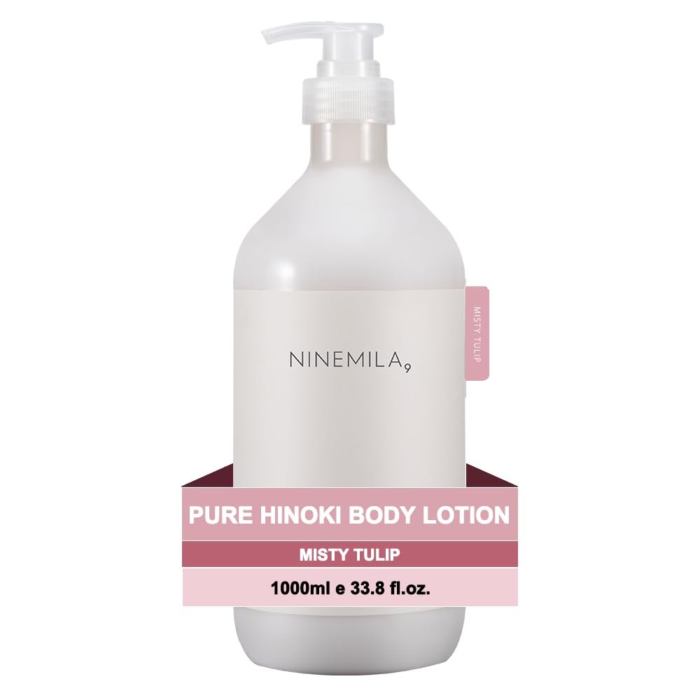 NINEMILA Pure Hinoki Body Lotion 1000ml (33.8 fl oz) Pump, Shea Butter & Glycerin, Jeju Hinoki Water 50,000ppm, Vegan, Daily Moisturizing Body Cream (Misty Tulip)