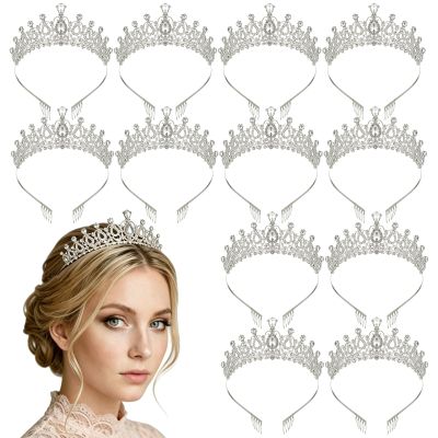Machify 12 Pcs Tiara Headbands, Silver Crystal Queen Crowns with Rhinestones, Alloy Hair Accessories, 7.4 x 5.5 in for Wedding Prom Party Bridal Shower Birthday