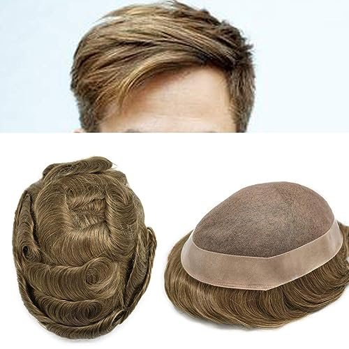SINGA HAIR Toupee for Men Real Human Hair Replacement System Durable Fine Mono Hair Systems for Men Mono Poly Coated Mens Toupee Hairpiece Unit #2010 Light Ash Blonde+10% Grey 6X8 120% Density