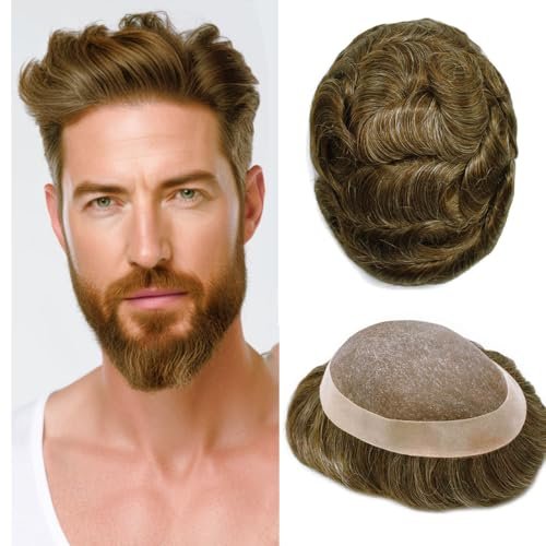 SINGA HAIR Toupee for Men Real Human Hair Replacement System Durable Fine Mono Hair Systems for Men Mono Poly Coated Mens Toupee Hairpiece Unit #720 Very Light Brown+20% Grey 7X9 120% Density