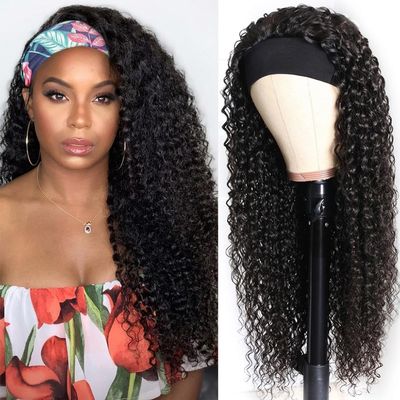 Misser Headband Wig Human Hair Deep Wave 24 Inch Curly Headband Glueless None Lace Front Wigs for Black Women Machine Made 150% Density Natural Color