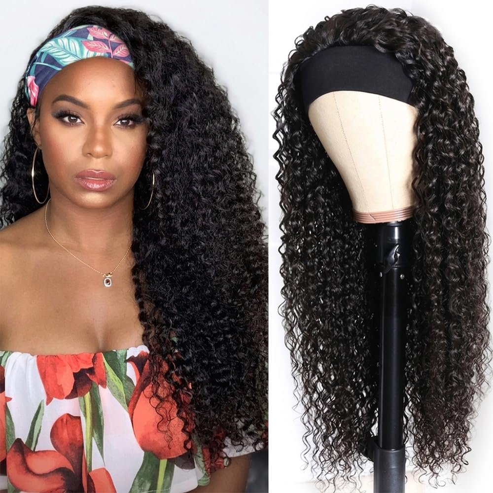 Misser Headband Wig Human Hair Deep Wave 24 Inch Curly Headband Glueless None Lace Front Wigs for Black Women Machine Made 150% Density Natural Color