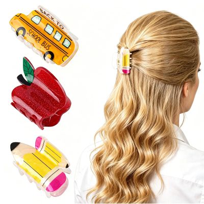 3 Pcs Teacher Hair Clips Set, Fruit Apple, Stationery Pencil and Bus Shaped Claw Clips, Hair Accessories for Women, Daily and Office Wear