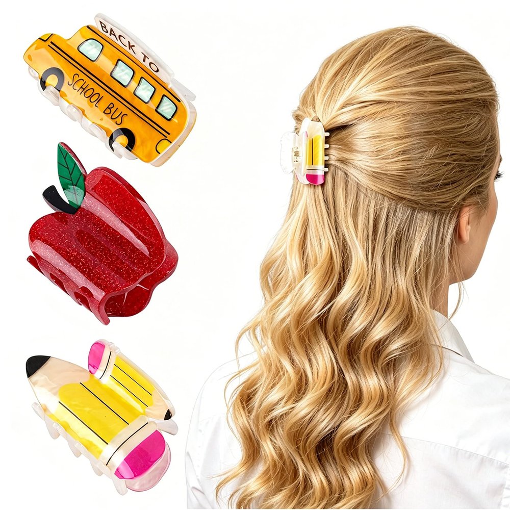 3 Pcs Teacher Hair Clips Set, Fruit Apple, Stationery Pencil and Bus Shaped Claw Clips, Hair Accessories for Women, Daily and Office Wear