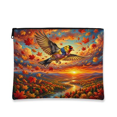 Fall Goldfinch Bird Makeup Bag, Holiday Patriotic Maple Cosmetic Travel Pouch for Women, Portable Small Canvas Zipper Organizer, Autumn Toiletry Bag 7x9 Inch