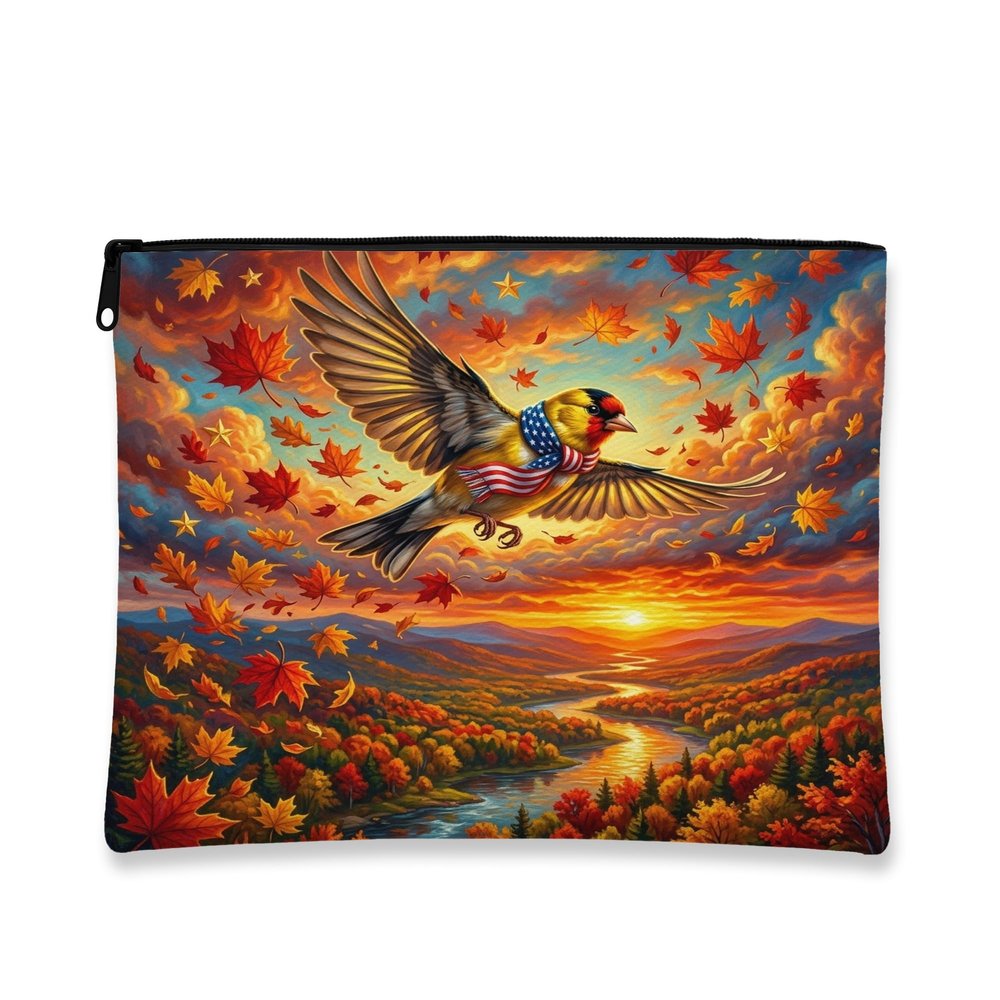 Fall Goldfinch Bird Makeup Bag, Holiday Patriotic Maple Cosmetic Travel Pouch for Women, Portable Small Canvas Zipper Organizer, Autumn Toiletry Bag 7x9 Inch