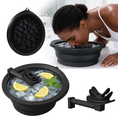 Face Ice Bath Bowl with Built-In Ice Tray, Foldable Silicone, Breathing Hose, Portable Facial Cold Compress for Home, Travel, Camping (Black)