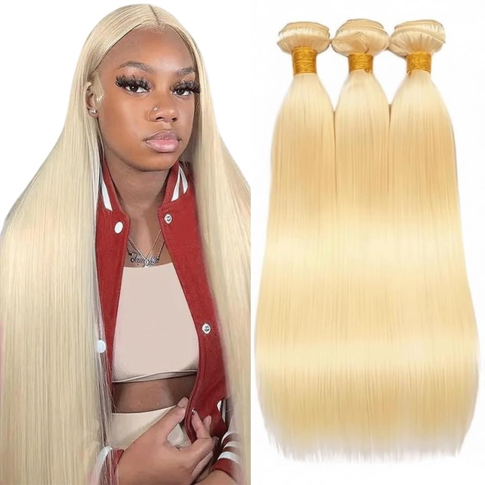 Lowerkum 613 Bundles Human Hair 613 Blonde Straight Bundles 28 28 28 inch Double Weft 3 Bundle Blonde Human Hair Bundle 150g