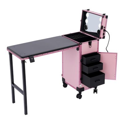 DNYSYSJ Rolling Manicure Table Foldable Nail Desk with 3 Drawers, Lockable Makeup Train Case with Mirror&Light, Cosmetic Trolley w/Built-in Speaker for Mobile Nail Techs Salon (Pink)
