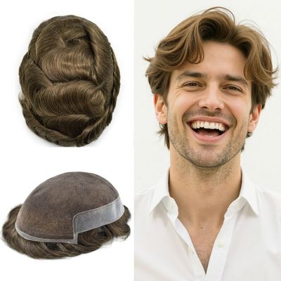 LYRICAL HAIR French Lace Front Human Hair System for Men Poly Skin Hair Toupee For Men Natural Hairline Breathable Lace Hair Piece #5 Meidum Light Brown-100% density, 7"X10"