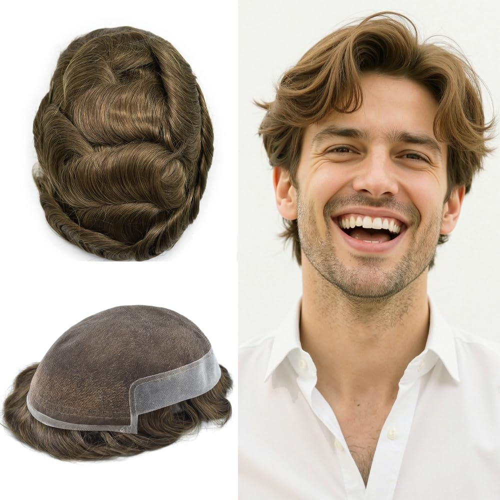 LYRICAL HAIR French Lace Front Human Hair System for Men Poly Skin Hair Toupee For Men Natural Hairline Breathable Lace Hair Piece #5 Meidum Light Brown-100% density, 7"X10"
