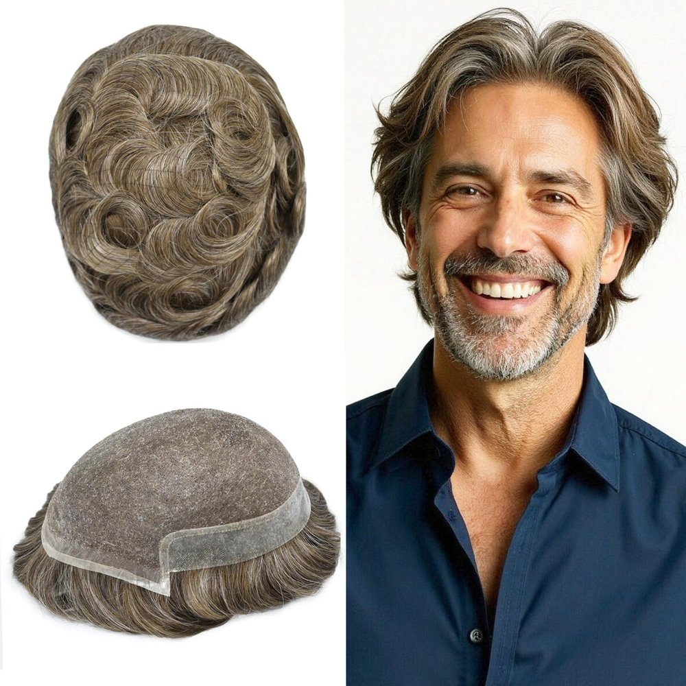 LYRICAL HAIR French Lace Front Human Hair System for Men Poly Skin Toupee For Men Natural Hairline Breathable Lace Hair Piece #640 Light Brown wIth 40% Gray Hair-90% density, 6"X9"