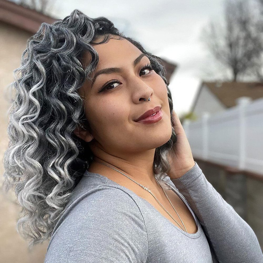 ToyoTree Ocean Wave Crochet Hair - 14 Inch 8 Packs Ombre Gray Mid-Length Curly Deep Wave Crochet Hair, Synthetic Ocean Wave Braiding Hair Extensions (14 Inch,T-Gray-8P)