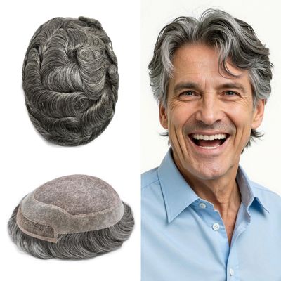 LYRICAL HAIR Mens Toupee Hair Piece System Replacement for Men Fine Mono Lace Front Mens Hairpiece Durable Poly Skin PU Around Hair Unit Wig for Men 8"X10" #1B80 Off Black+80% Gray-120% Density
