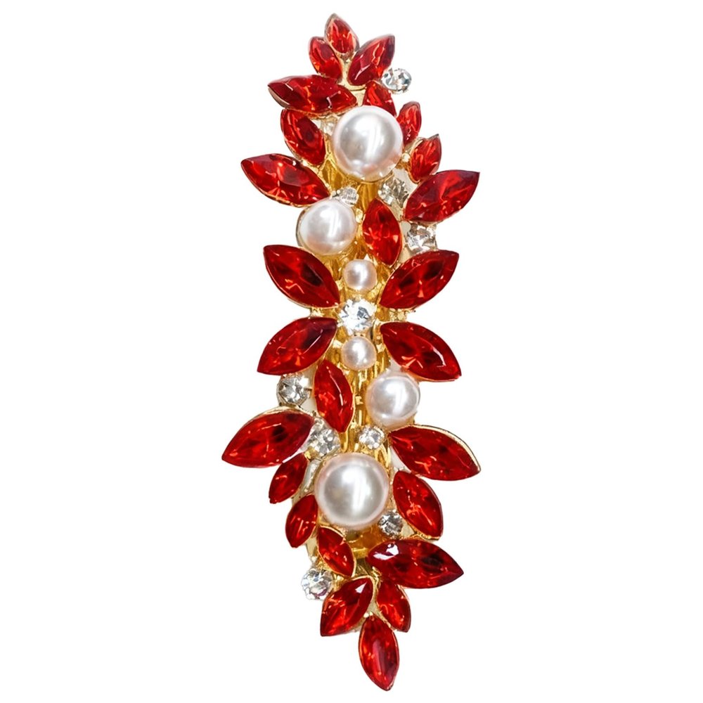 Red Rhinestone Floral Hair Clip, Pearl Barrette with Gold Tone Finish, Korean Style Ponytail Holder for Women and Girls, 3 x 1.1 x 0.9 in