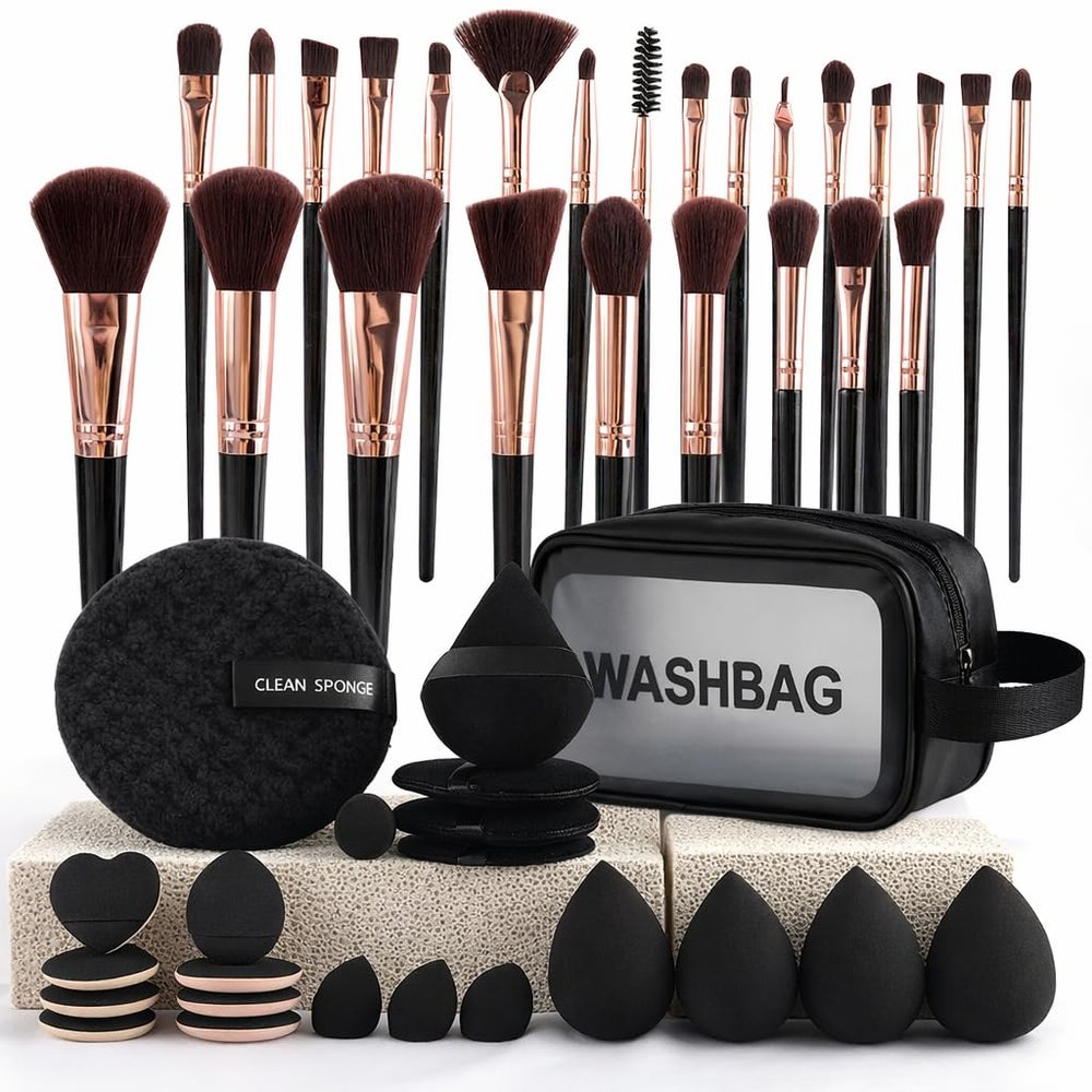 47 Pcs Black Makeup Brush Set With Makeup Bag Professional Makeup Tools Kit With Foundation Powder Concealer Eyeshadow Blush Brushes Makeup Sponge And Powder Puff For Daily Use And Travel