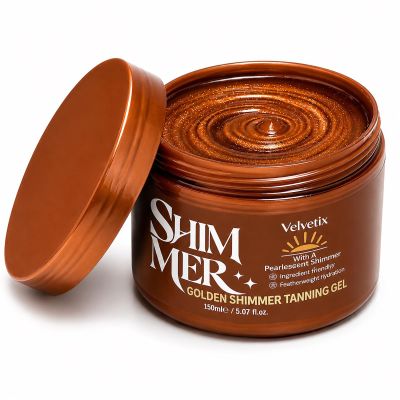 Velvetix Golden Shimmer Tanning Gel, Pearlescent Body Glow Gel with Mica, Jojoba Seed Oil, Carrot Oil, Coconut Oil & Tocopherol, Lightweight Bronzing Gel for Shoulders Arms Legs, 5.07 fl oz
