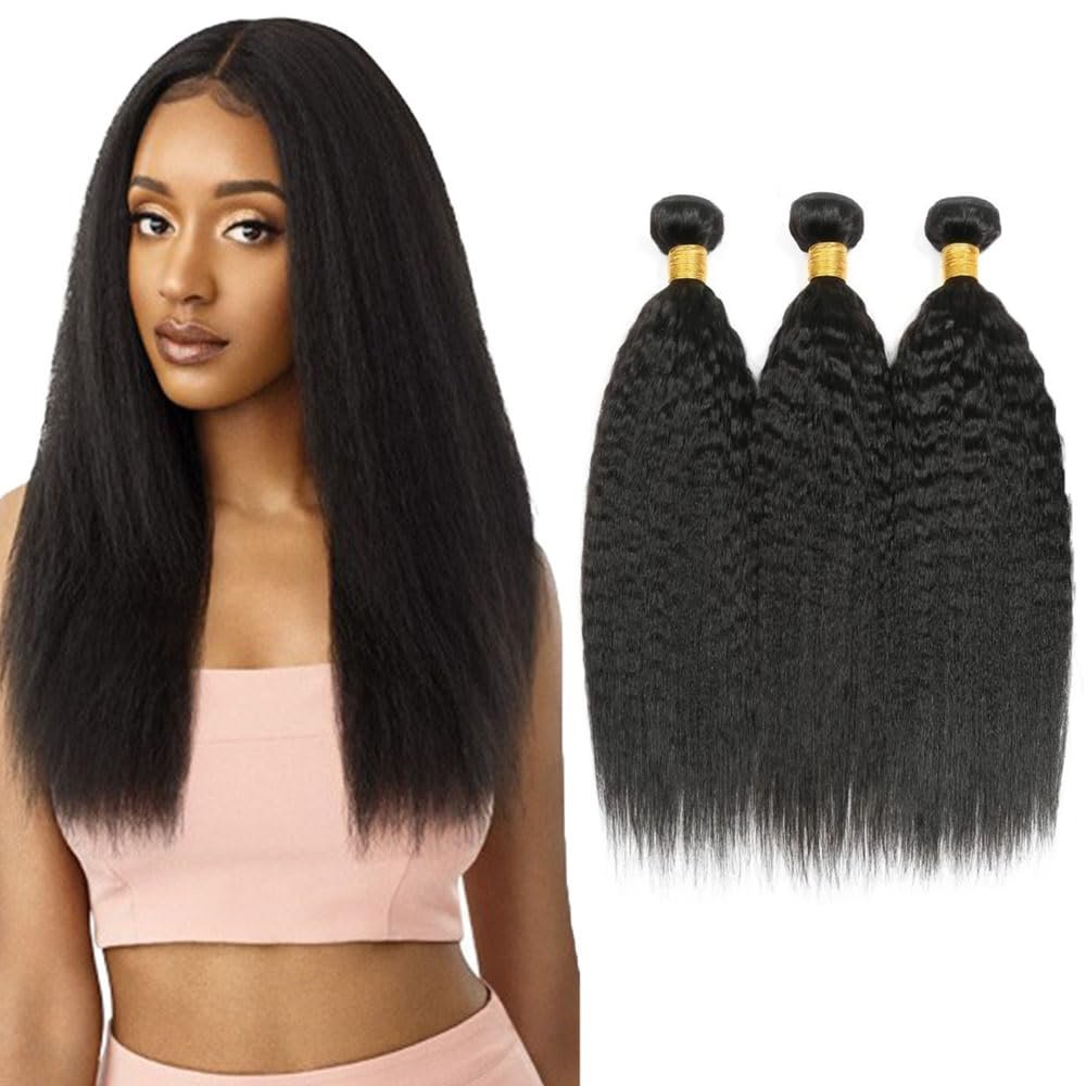 #1B Human Hair Bundles Natural Color Yaki Straight Bundles 32 32 32 Inch Unprocessed Brazilian Virgin Hair 3 Bundle 50 Gram Per Bundle Deals Quick Weave Hair Extensions