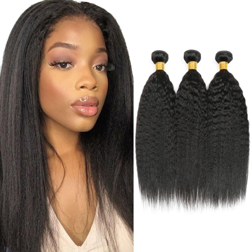 #1B Human Hair Bundles Yaki Straight Bundles 20 20 20 Inch Unprocessed Brazilian Virgin Hair Weave 3 Bundles Natural Color Kinky Straight Bundles Human Hair Extensions 50 Grams Per Bundle
