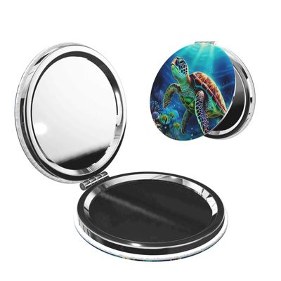 Sea Turtles Diamond Painting Compact Mirror for Purse, 2X/1X Travel Magnifying Mirror for Women, PU Leather Handheld Makeup Mirror for Girls, Folding Beauty Mirror Portable Pocket Cosmetic Mirror