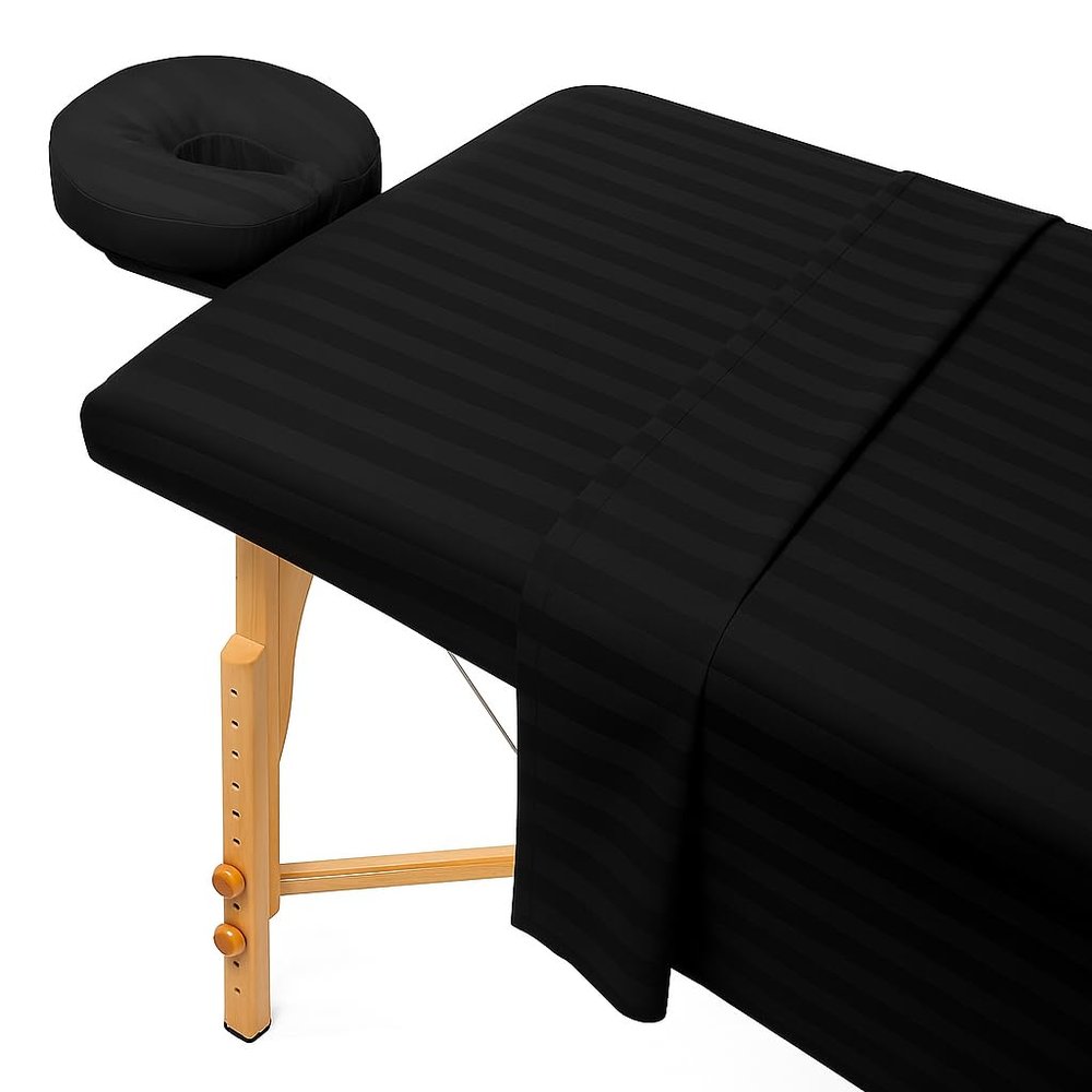 MLVhome Extra Thick 3 Piece Set Massage Table Sheets Set - Percale Cotton - Includes Massage Table Cover, Massage Fitted Sheet, and Massage Face Rest Cover (Stripe, Black)