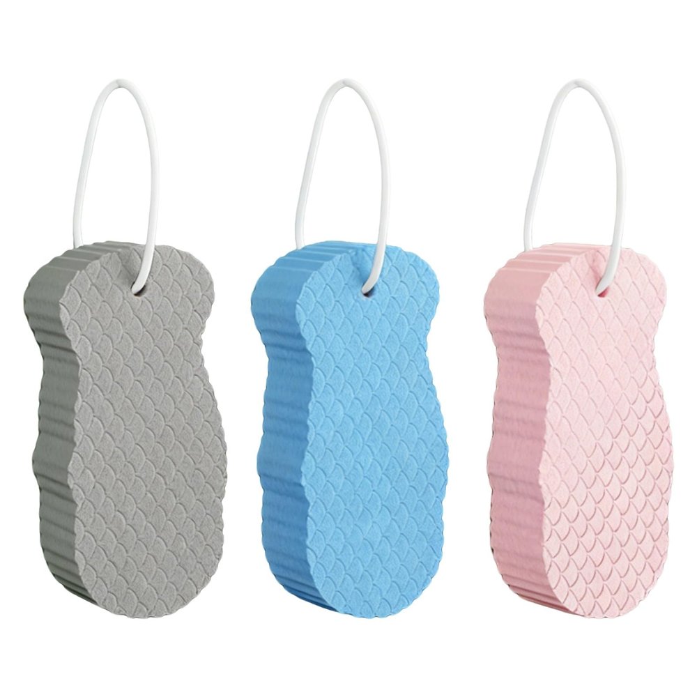 3 Pcs Exfoliating Bath Sponge Set, Fish Scale Texture Dead Skin Remover Sponge, PVA Soft Exfoliating Bath Sponge for Adult, Gentle Scrubbing with Lanyard, Blue Gray Pink