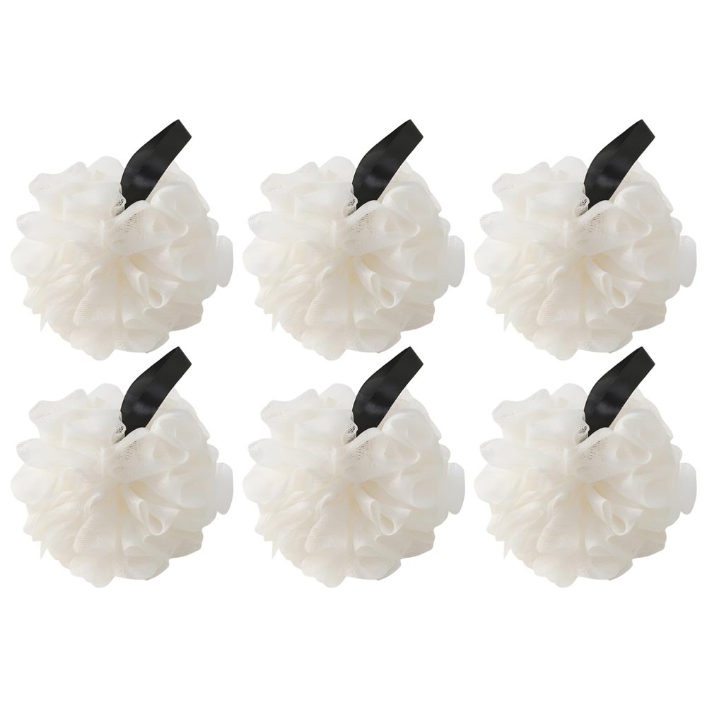 6 Pcs Bath Sponges for Shower, Large Size Body Cleansing Loofah, PE Material Gentle Body Ball with Ribbon, Beige Showering Sponge for Men, Women, and Little One