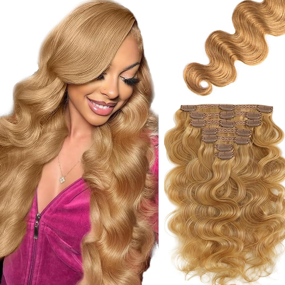 #27 Blonde Clip in Hair Extensions Human Hair,Honey Blonde Body Wave Remy Hair Extensions Clip ins for Women, 22 Inch 120g 7Pcs, Color #27 Human Hair Extension