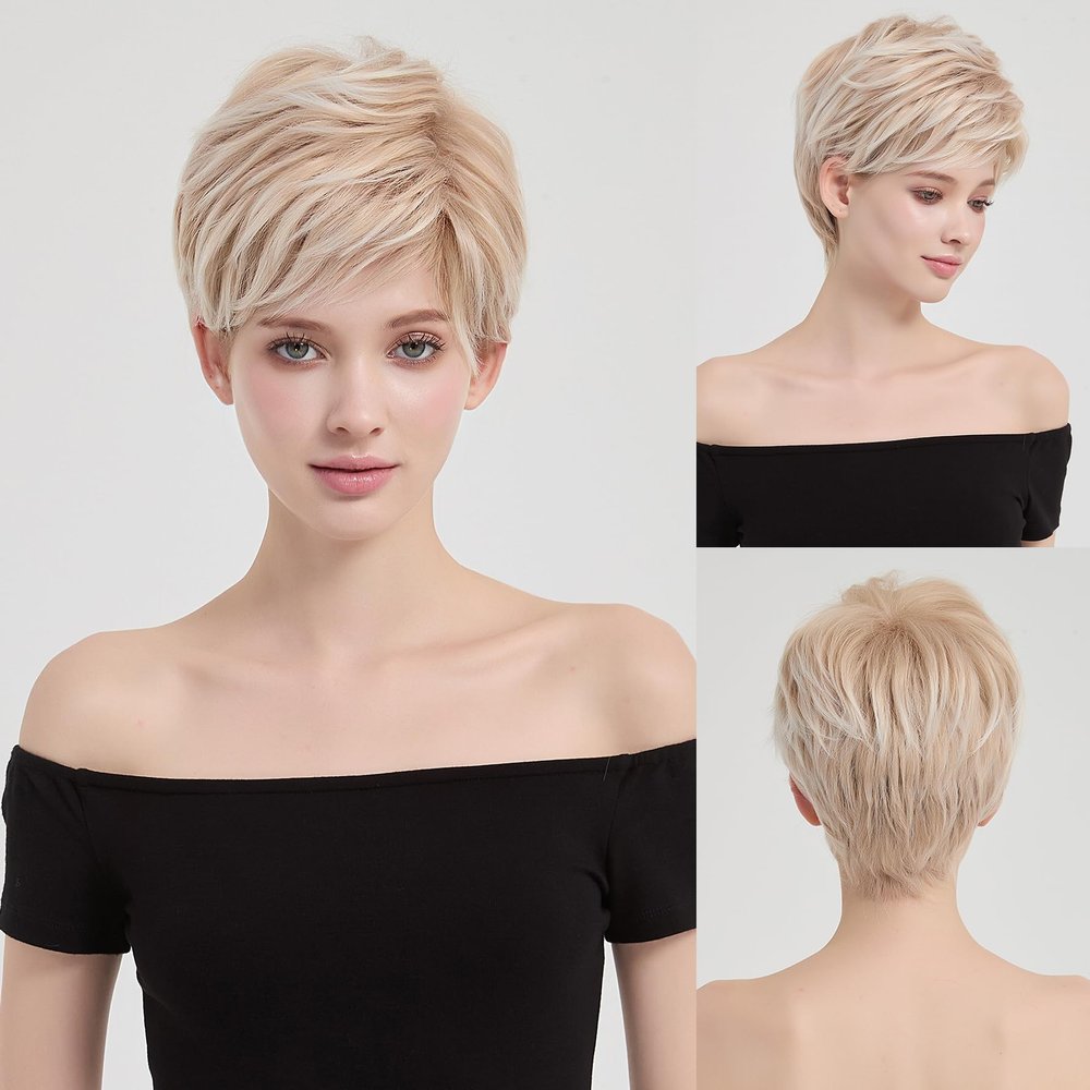 Nuxovin Short Beige Blonde Pixie Cut Human Hair Wigs with Bangs Glueless Lightweight Natural Real Hair Wigs for Women Daily Wear Halloween Cosplay (Beige Blonde,10inch)