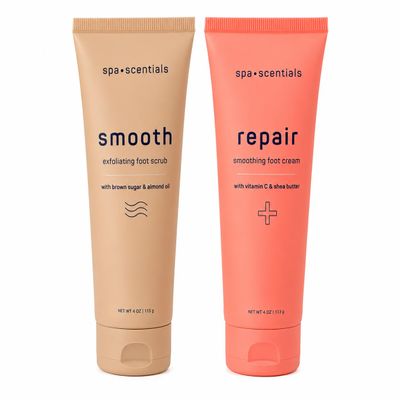 Foot Care Duo, Exfoliating Scrub with Brown Sugar & Almond Oil, Smoothing Cream with Vitamin C & Shea Butter, 4 oz Each - Spa Scentials