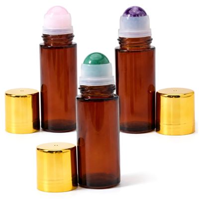 Amber Glass Roller Bottles, 3Pcs 50ml Portable Light-Shielding Roller Bottles for Essential Oils with Natural Quartz Rolling Ball, Rose Quartz and Amethyst and Green Aventurine.