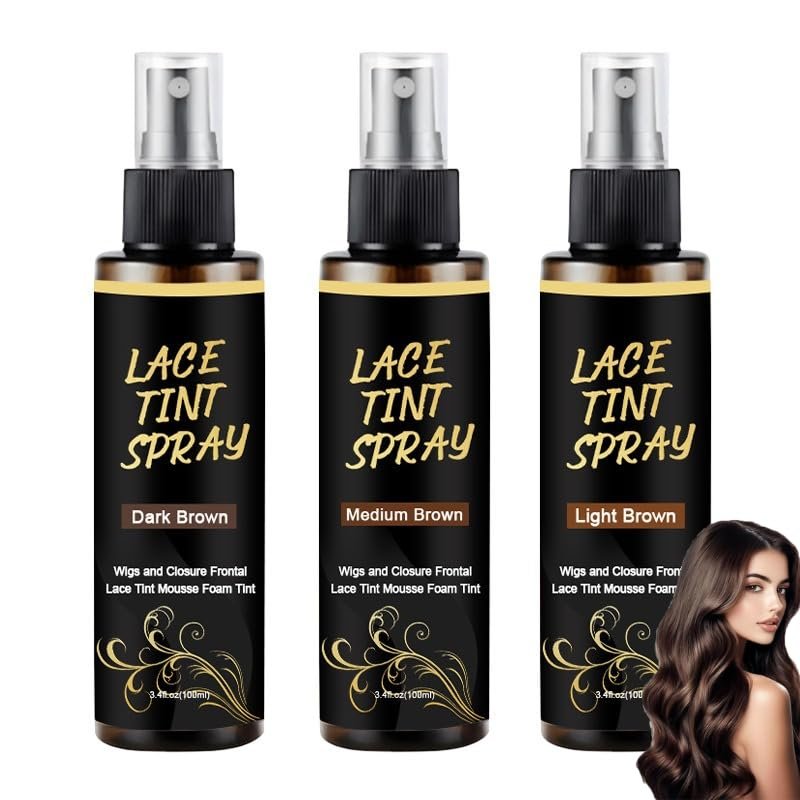 Lace Tint Spray for Wigs And Closure Frontal, Light Warm Brown Light Brown Medium Brown Dark Brown Shades, Foam Mousse Formula for Lace Blending 3.4 Fl Oz (3pcs)